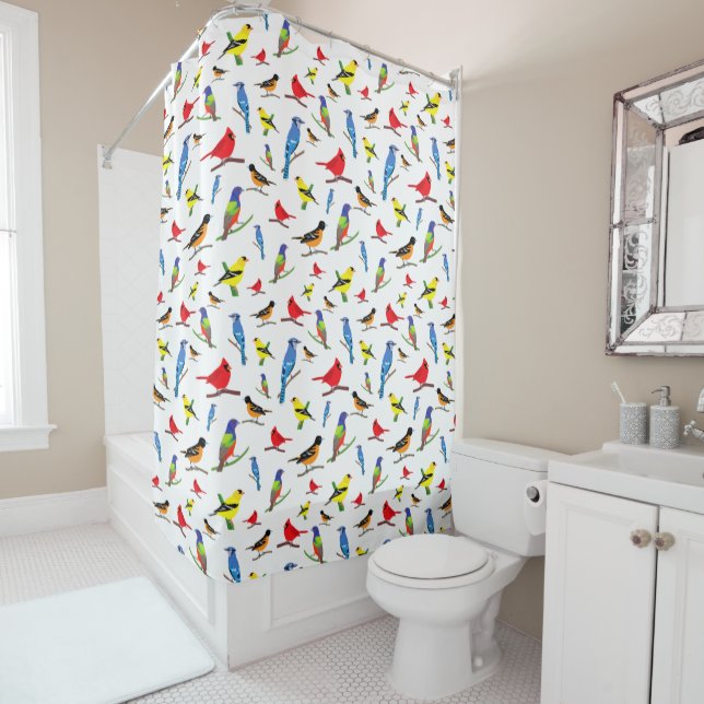 Colourful North American Birds Pattern Shower Curtain (In Situ)