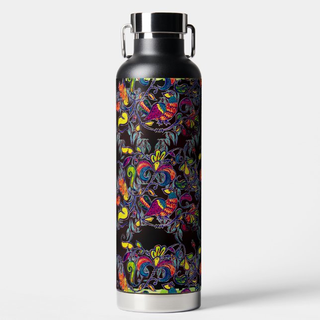Colourful Northern Bird on black Water Bottle (Front)
