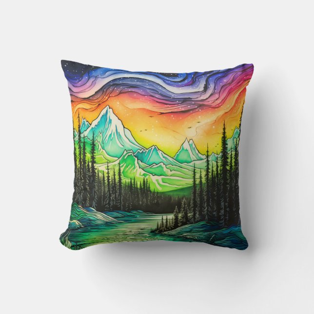 Colourful Northern Light Illustration Cushion (Front)