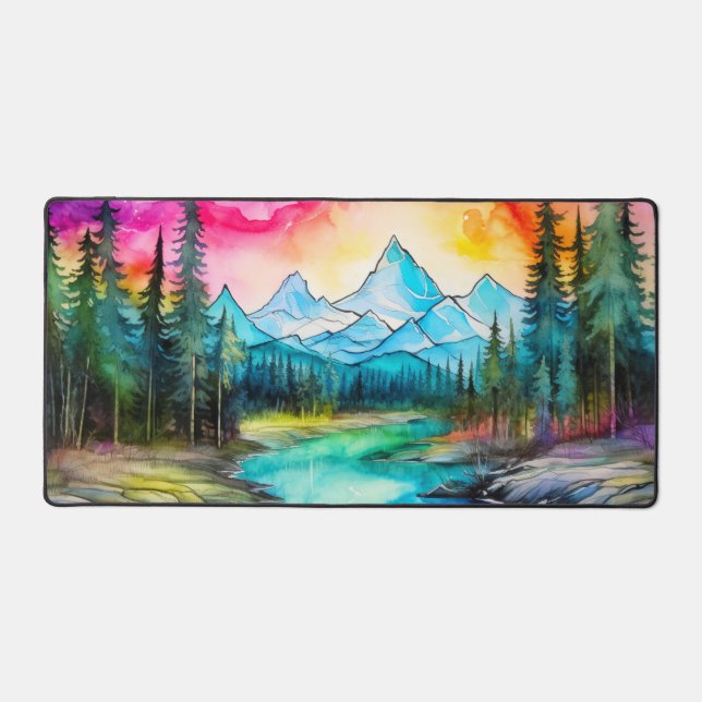 Colourful Northern Light Watercolor Illustration Desk Mat (Front)