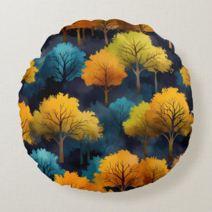 Colourful November Trees Sitting on a Hillside Round Cushion