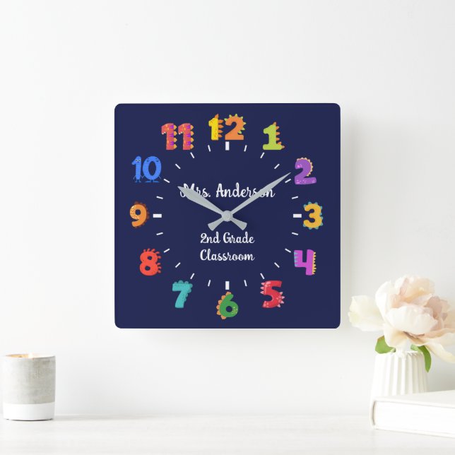 Colourful Number Custom Name Teacher Classroom Square Wall Clock (Home)