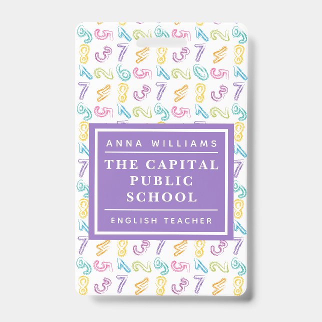 Colourful Number Elementary School Math Teacher ID Badge (Front)