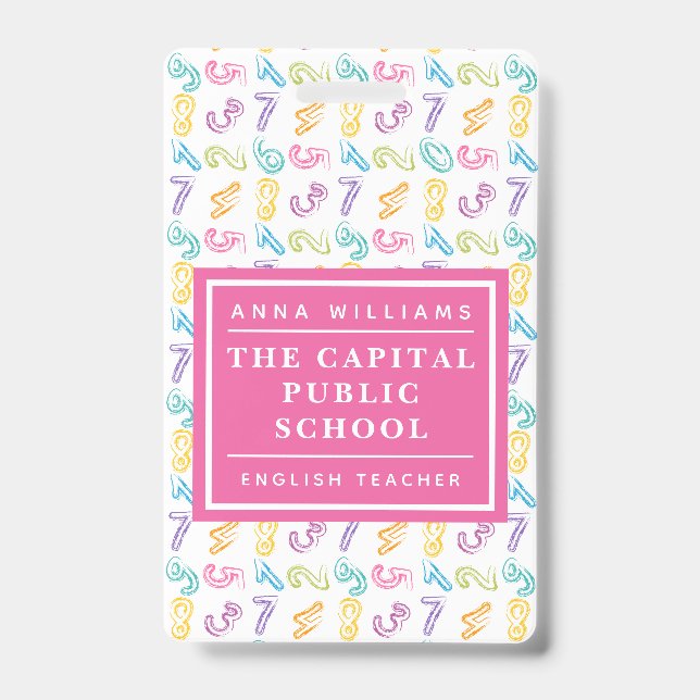 Colourful Number Elementary School Math Teacher ID Badge (Front)