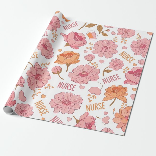 Colourful Nurse Floral Pattern (3) Wrapping Paper (Unrolled)