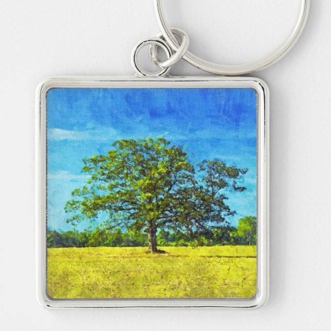 Colourful Oak Tree in a Field Art Key Ring (Front)
