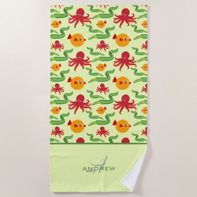 Colourful Ocean Creatures Monogrammed Pattern Beach Towel (Front)