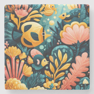Colourful Ocean Life in Modern Folk Art Stone Coaster