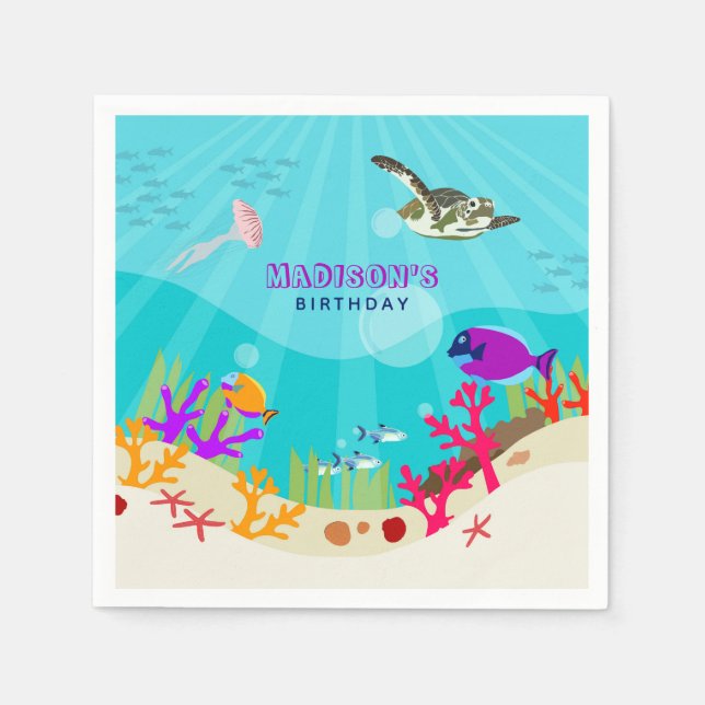 Colourful Ocean Sea Animals Kids Birthday  Napkin (Front)