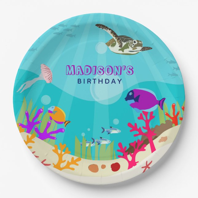 Colourful Ocean Sea Animals Kids Birthday Paper Plate (Front)