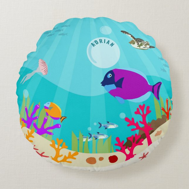 Colourful Ocean Sea Animals Kids Name Round Cushion (Front)