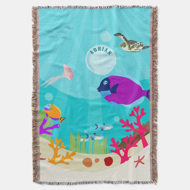Colourful Ocean Sea Animals Kids Name  Throw Blanket (Front Vertical)