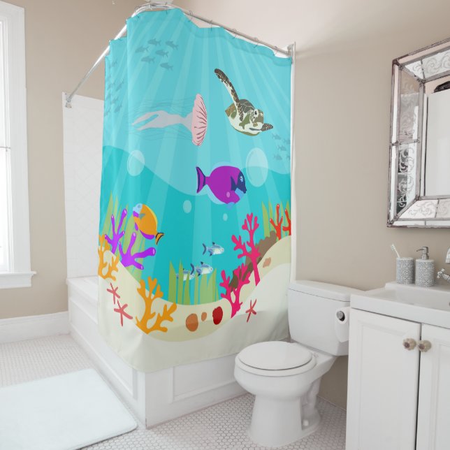 Colourful Ocean Sea Animals Kids Shower Curtain (In Situ)