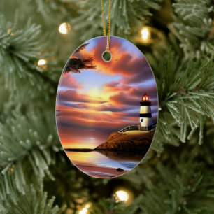 Colourful Ocean Sunset and Lighthouse Personalised Ceramic Tree Decoration
