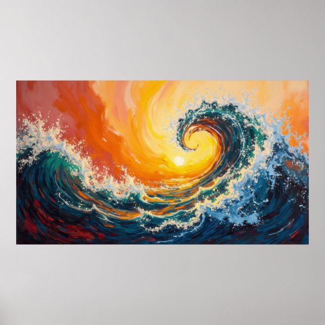 Colourful ocean wave breaking at sunset in oil pai poster (Front)