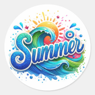 Colourful Ocean Waves Blue Glitter Sunshine Summ Classic Round Sticker