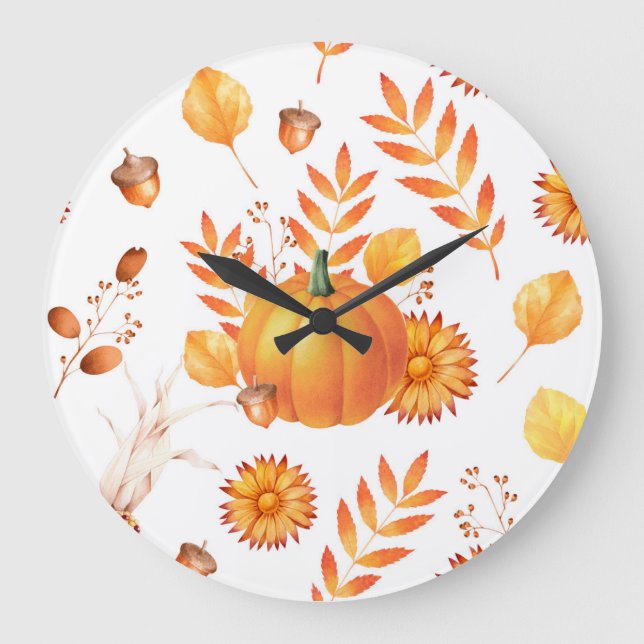 Colourful October Pumpkins Autumn Pattern Large Clock (Front)