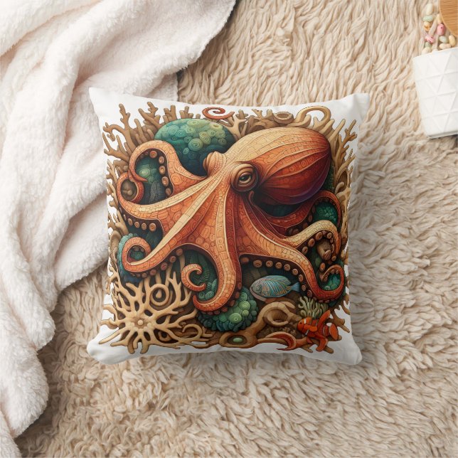 Colourful Octopus Among Coral Reef Habitat Cushion (Blanket)