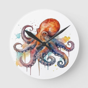 colourful octopus in water colour  big eyes round clock