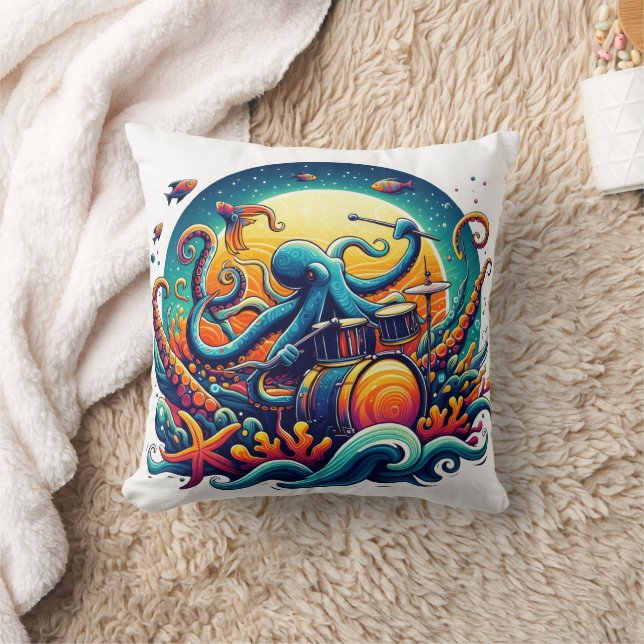 Colourful Octopus Playing Drums Underwater at Nigh Cushion (Blanket)