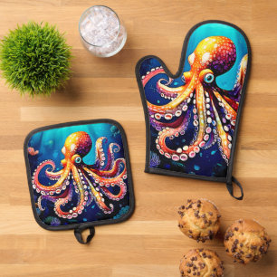 Colourful Octopus View Design Oven Mitt & Pot Holder Set