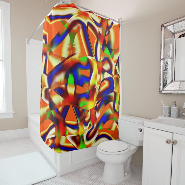 Colourful of imposing colours, blue and orange fig shower curtain (In Situ)