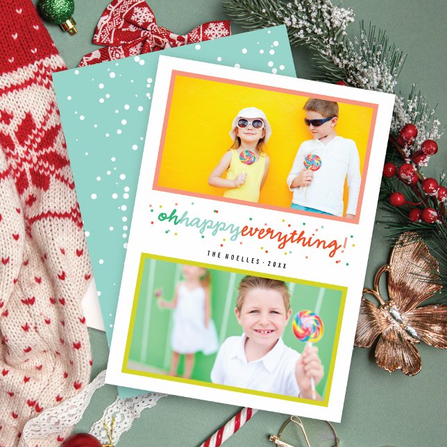 Colourful Oh Happy Everything Dots 2 Photo Collage Holiday Card (Creator Uploaded)