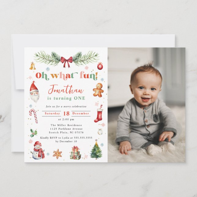 Colourful Oh What Fun 1st Christmas Birthday Photo Invitation (Front)