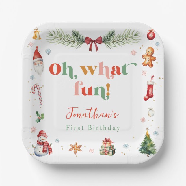 Colourful Oh What Fun 1st Christmas Cute Birthday Paper Plate (Front)