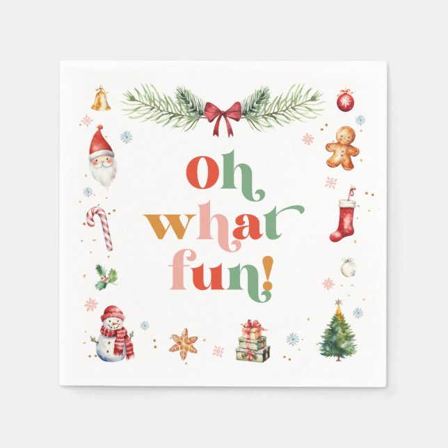 Colourful Oh What Fun Cute Christmas Holiday Party Napkin (Front)