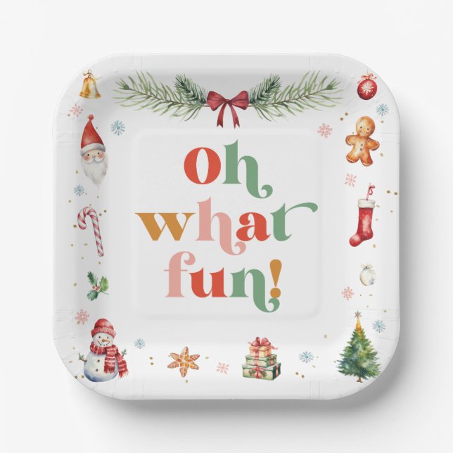 Colourful Oh What Fun Cute Christmas Holiday Party Paper Plate (Front)