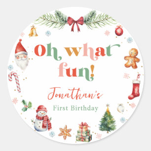 Colourful Oh What Fun First Christmas Birthday Classic Round Sticker