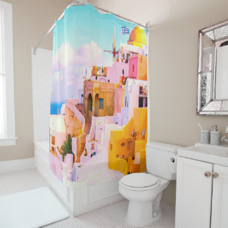 Colourful Oia Santorini Houses, Greece Shower Curtain