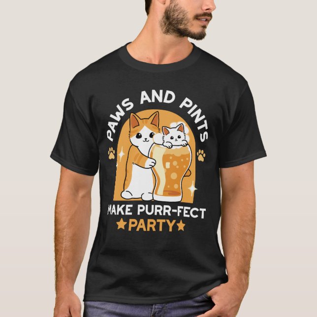 Colourful Oktoberfest Cat Party - Paws and Pints T-Shirt (Front)