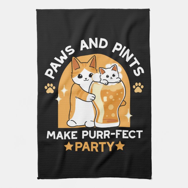 Colourful Oktoberfest Cat Party - Paws and Pints Tea Towel (Vertical)