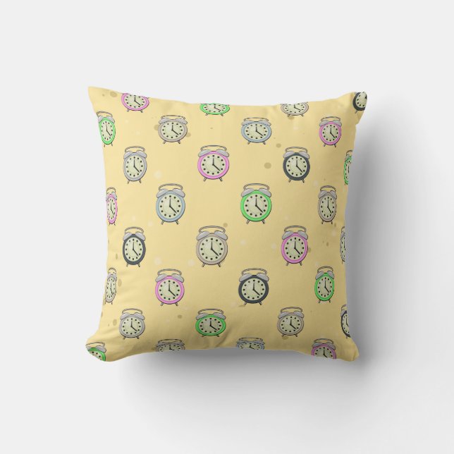 Colourful Old Alarm Clocks Pattern Cushion (Front)