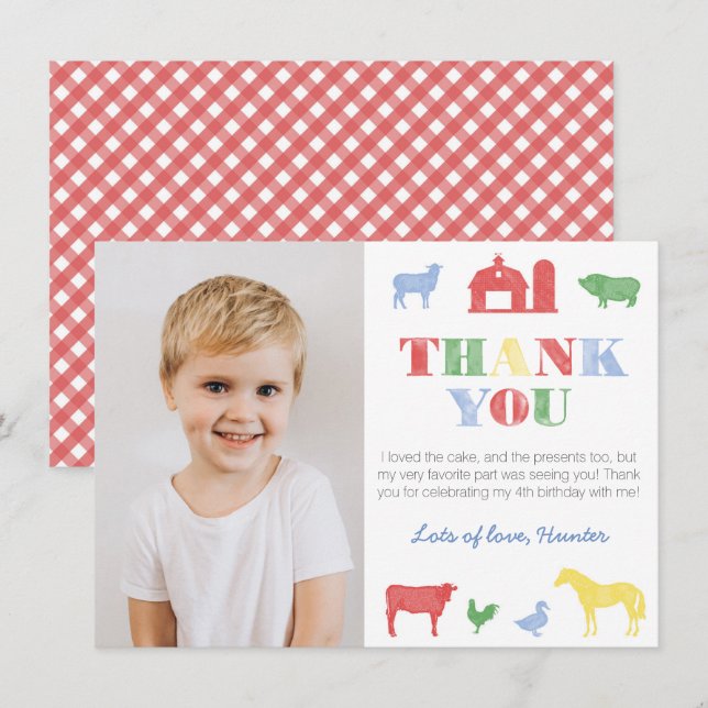 Colourful Old MacDonald Farm Birthday Party Pictur Thank You Card (Front/Back)