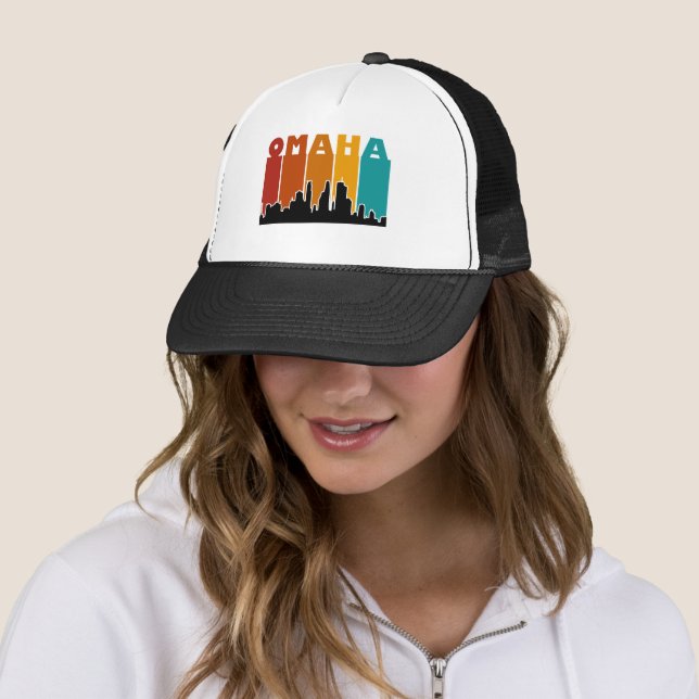 Colourful Omaha Nebraska Retro Sunset Trucker Hat (In Situ)
