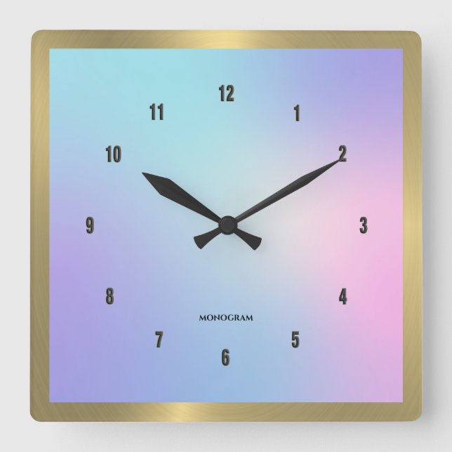 Colourful ombre background gold accent square wall clock (Front)