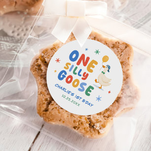 Colourful One Silly Goose Kids 1st Birthday Classic Round Sticker