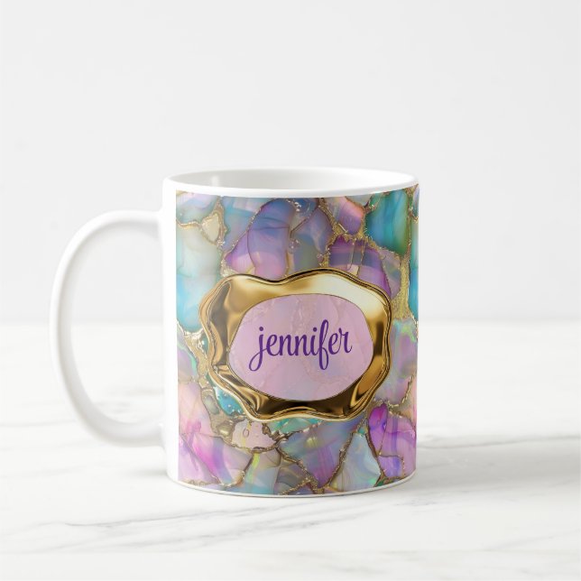 Colourful Opal and Liquid Gold Personalised Coffee Mug (Left)