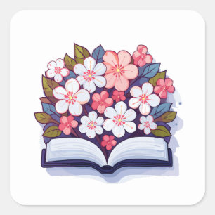 Colourful Open Book with Flowers Square Sticker