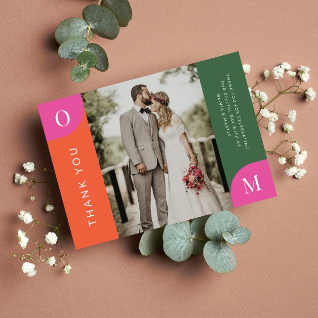 Colourful Orange and Pink Bold Bright Photo Weddin Thank You Card (This Thank You photo card perfectly coordintates with our Colorful Colorblock collection. )