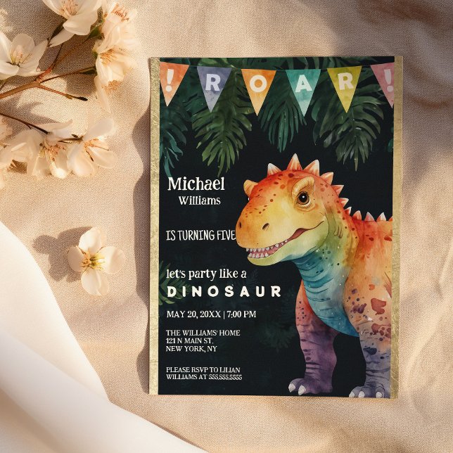 Colourful Orange Black Dino Banner Birthday Party Invitation (Colorful Orange Black Dino Banner Birthday Party)