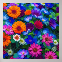 Colourful Orange Blue and Red Flowers Poster