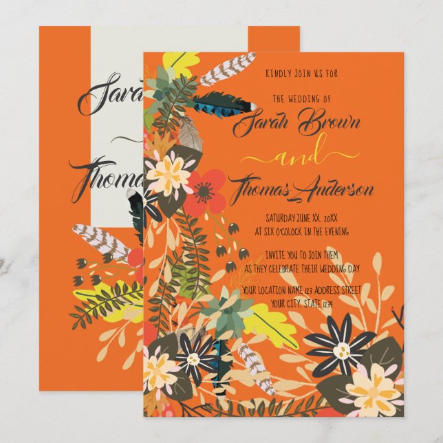 COLOURFUL ORANGE BOHO FLORAL INVITATION (Front/Back)