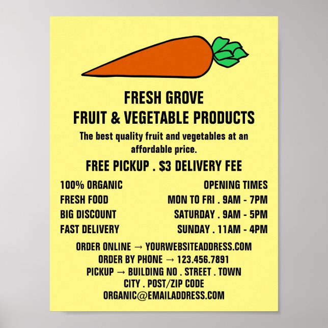 Colourful Orange Carrot, Greengrocers Advertising Poster (Front)