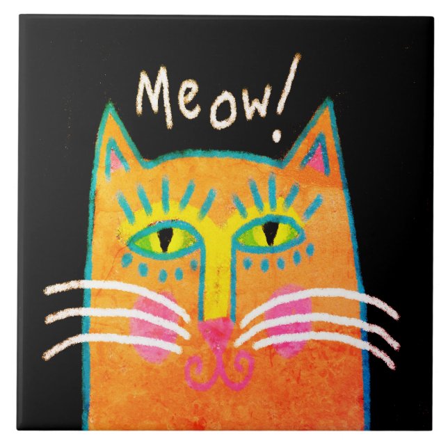 Colourful Orange Cat Abstract Art Tile (Front)