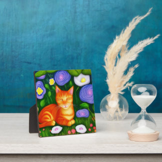 Colourful Orange Cat in Flower Garden Plaque