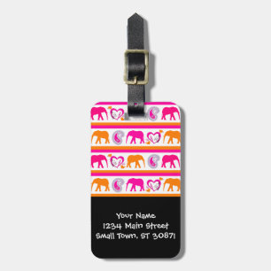 Colourful Orange Hot Pink Elephants Paisley Hearts Luggage Tag